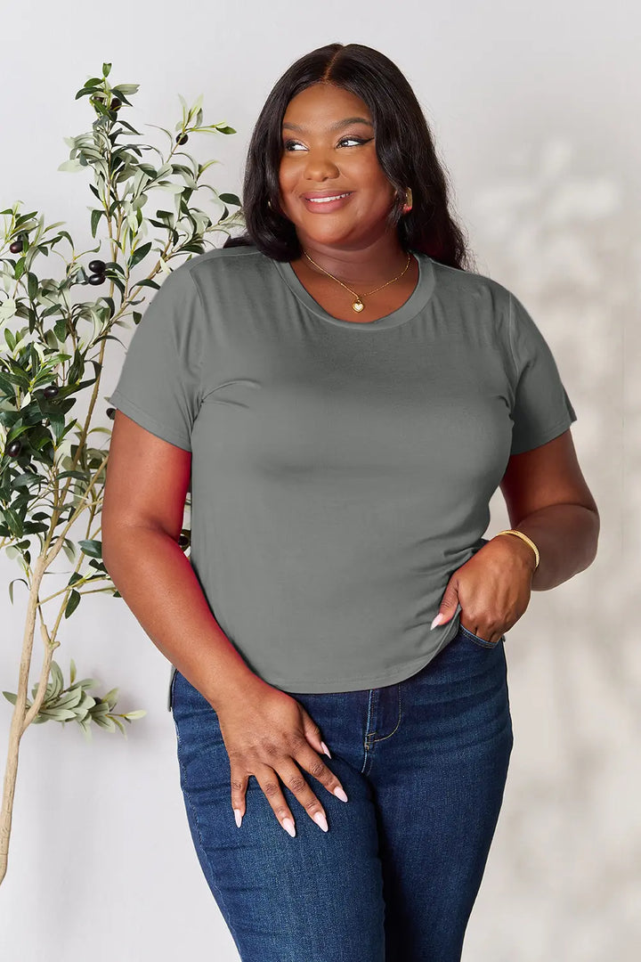 Round neck short sleeve tee in soft rayon knit