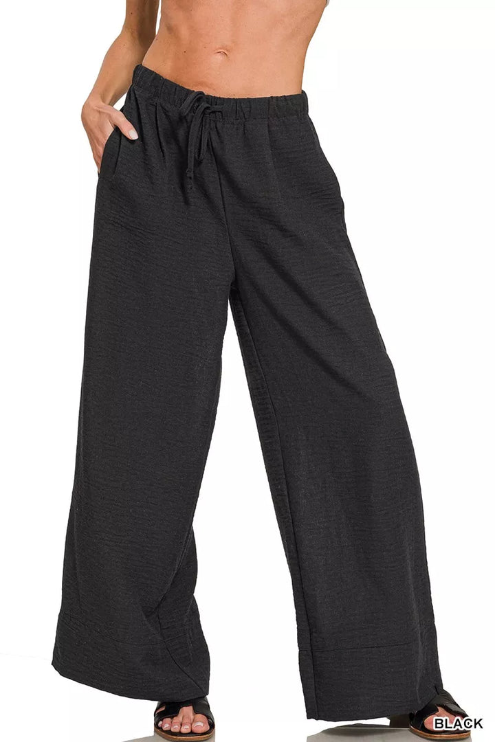 Wide-leg woven drawstring pants with side pockets