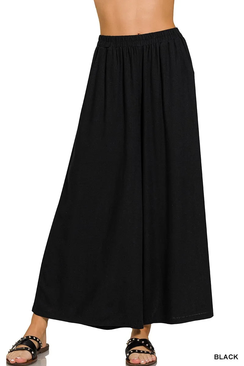 BLACK Pleated wide leg linen blend pants with drawstring waist