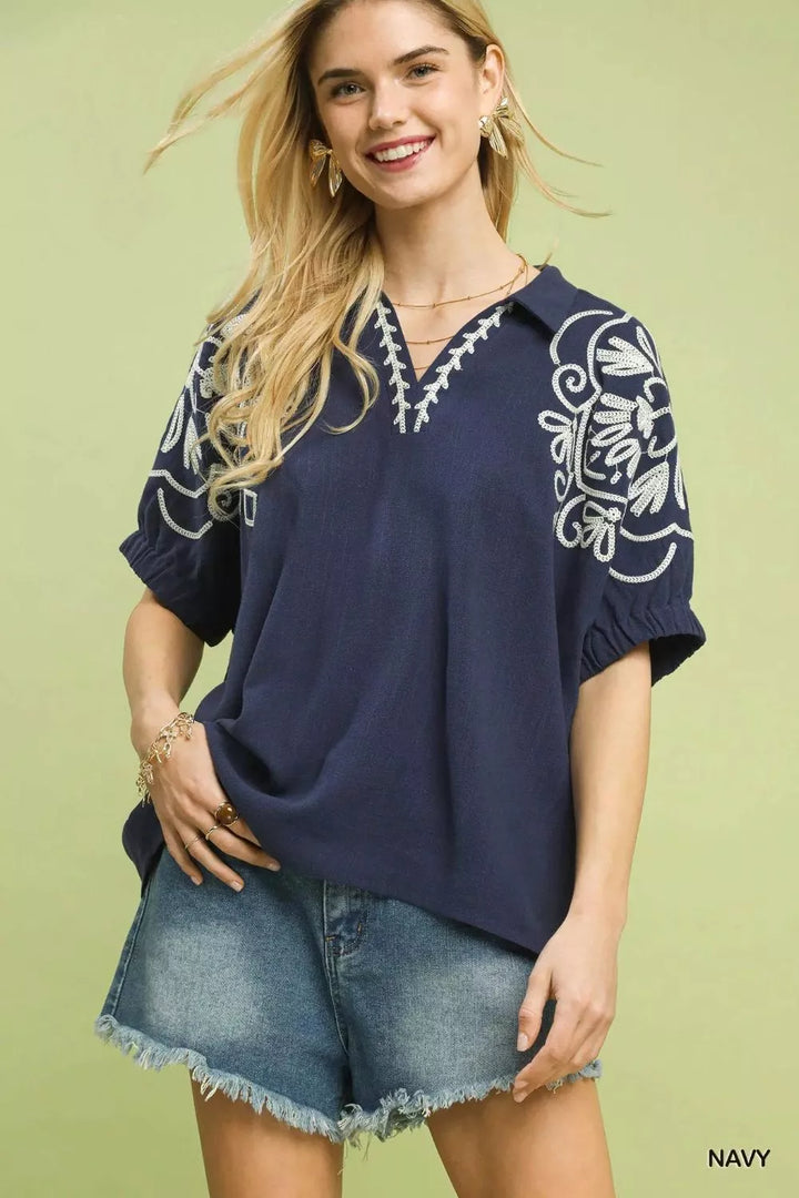 NAVY Floral embroidered short sleeve collared blouse