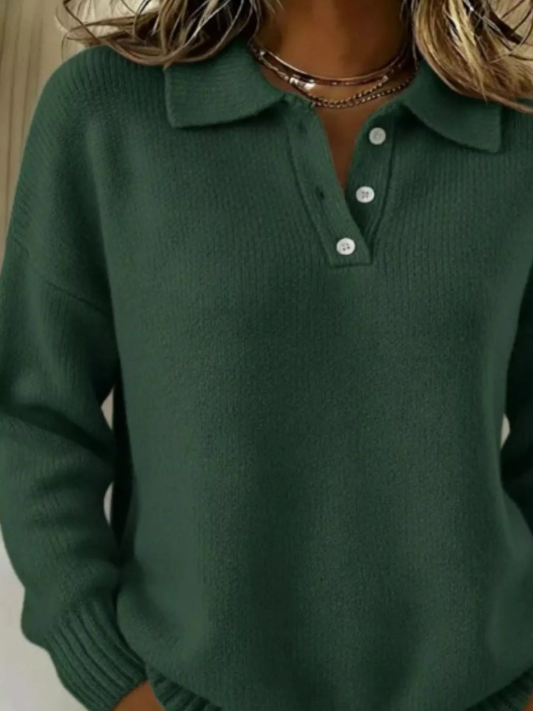 Army Green Half-button collar drop-shoulder pullover sweater