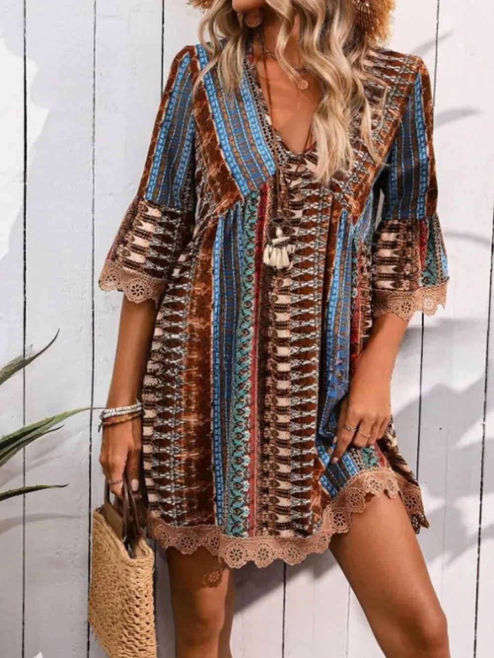 Brown Boho printed mini dress with lace trim and bell sleeves