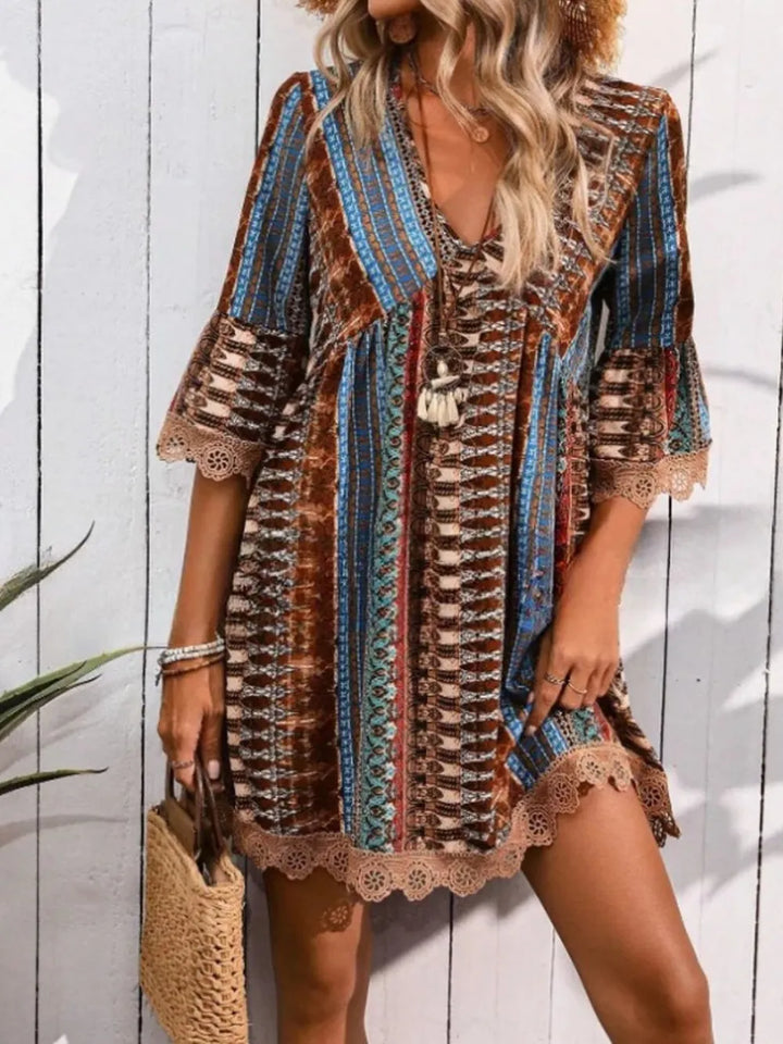 Brown Boho printed mini dress with lace trim and bell sleeves