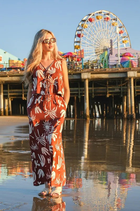 Abstract tropical print drawstring maxi skirt