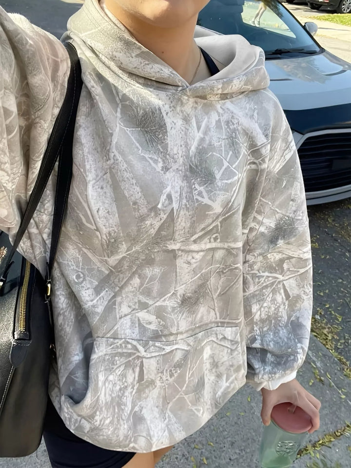 Light Gray Oversized forest camo pullover hoodie with kangaroo pocket