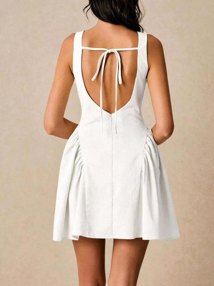Button-front tie-back sleeveless A-line mini dress