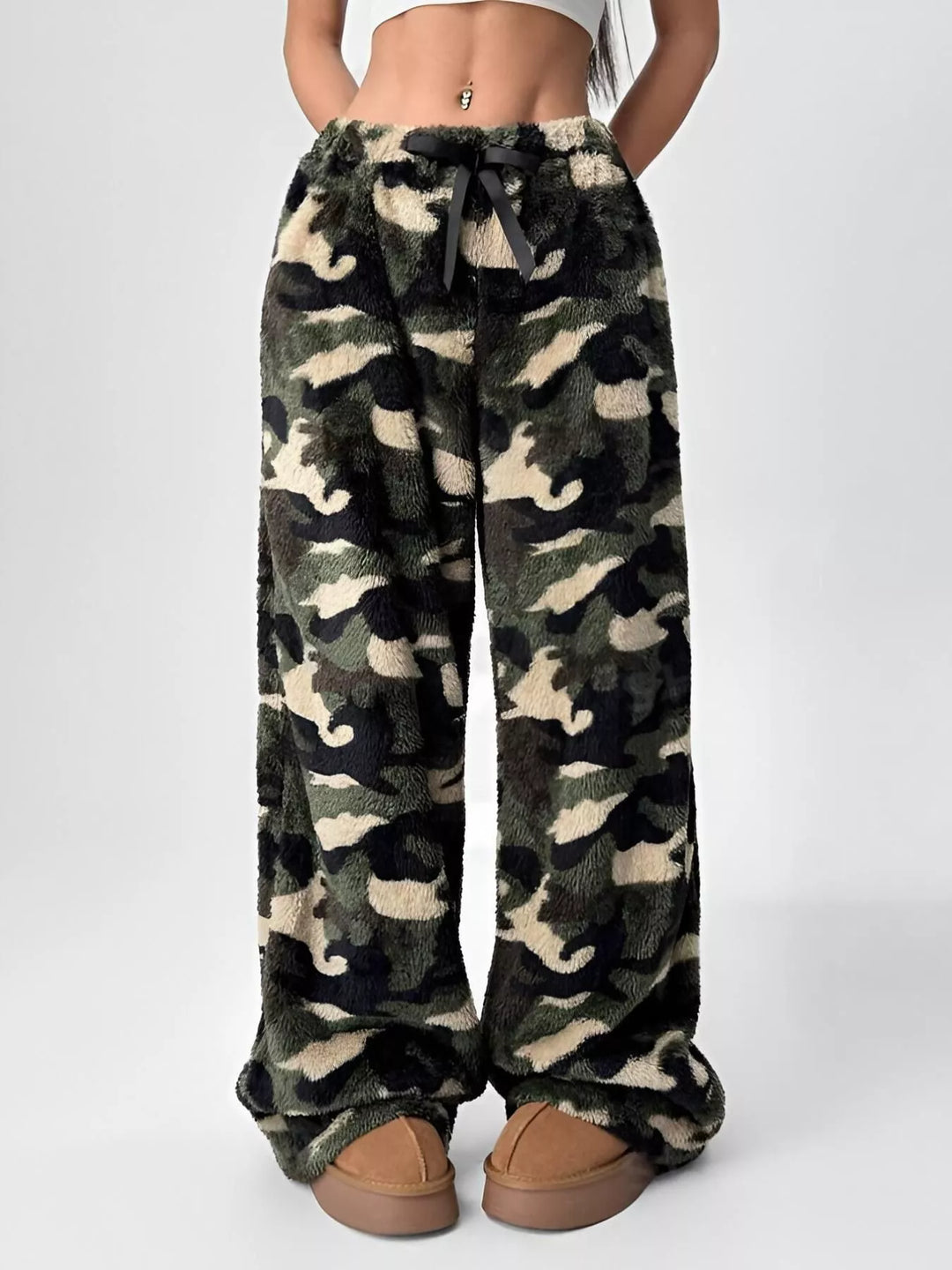 Green Camouflage Drawstring wide-leg pull-on lounge pants