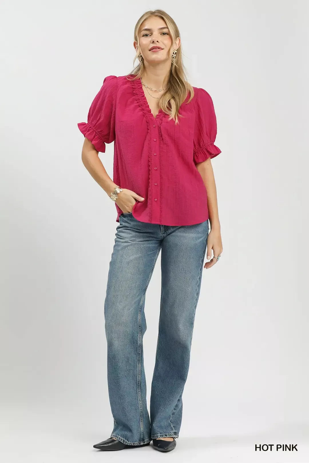 Textured puff sleeve button-front top with crochet lace trim