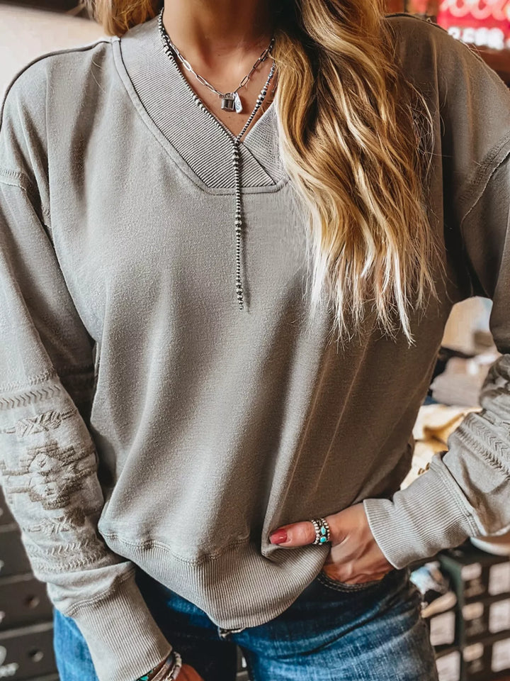 Gray Aztec embroidered Western V-neck pullover sweatshirt