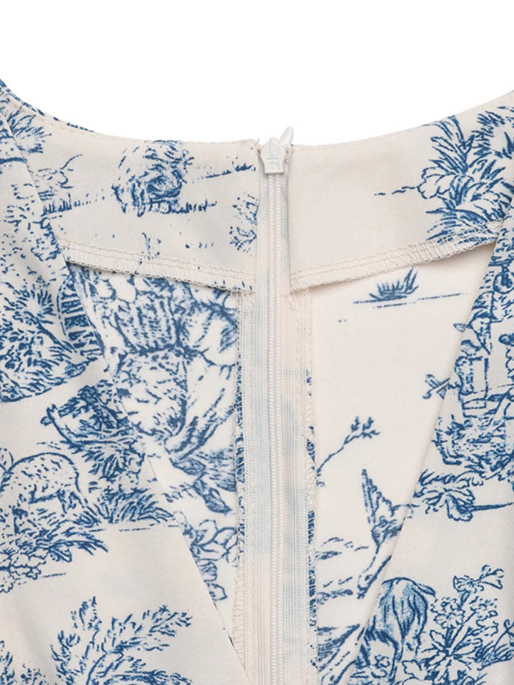 Toile print V-neck midi dress with ruched waist