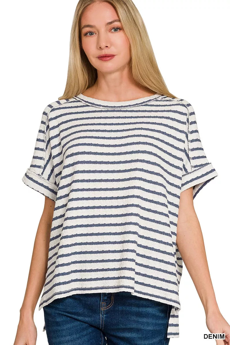 DENIM Textured stripe jacquard round neck tee with cuffed sleeves