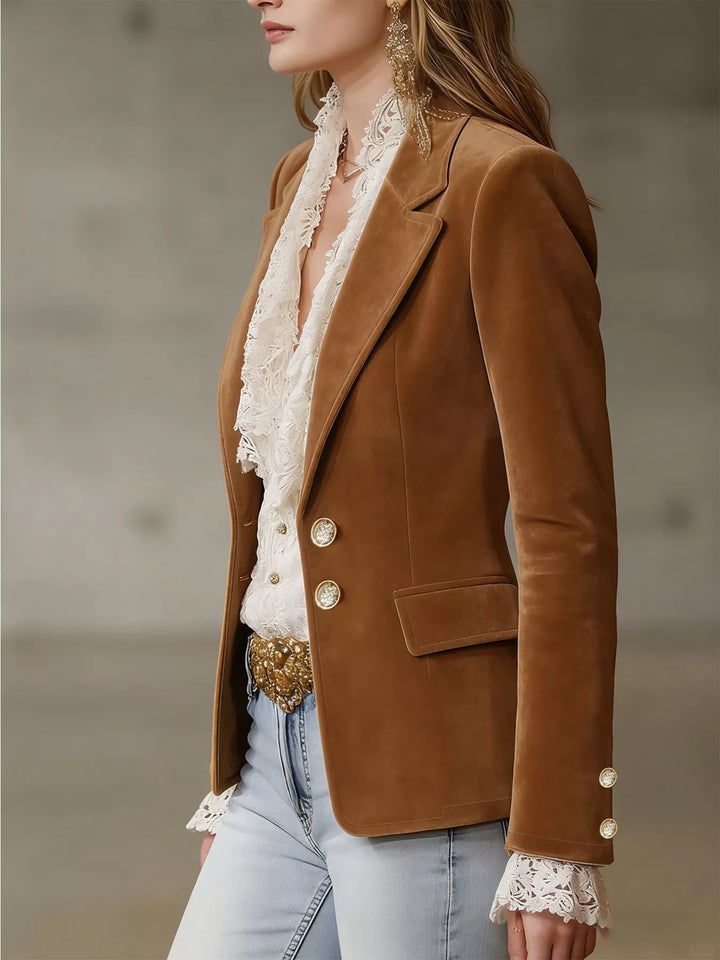 Suede-look notch lapel blazer with gold buttons