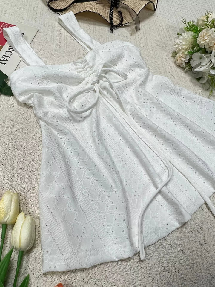 Eyelet cami with drawstring tie-front and sweetheart neckline