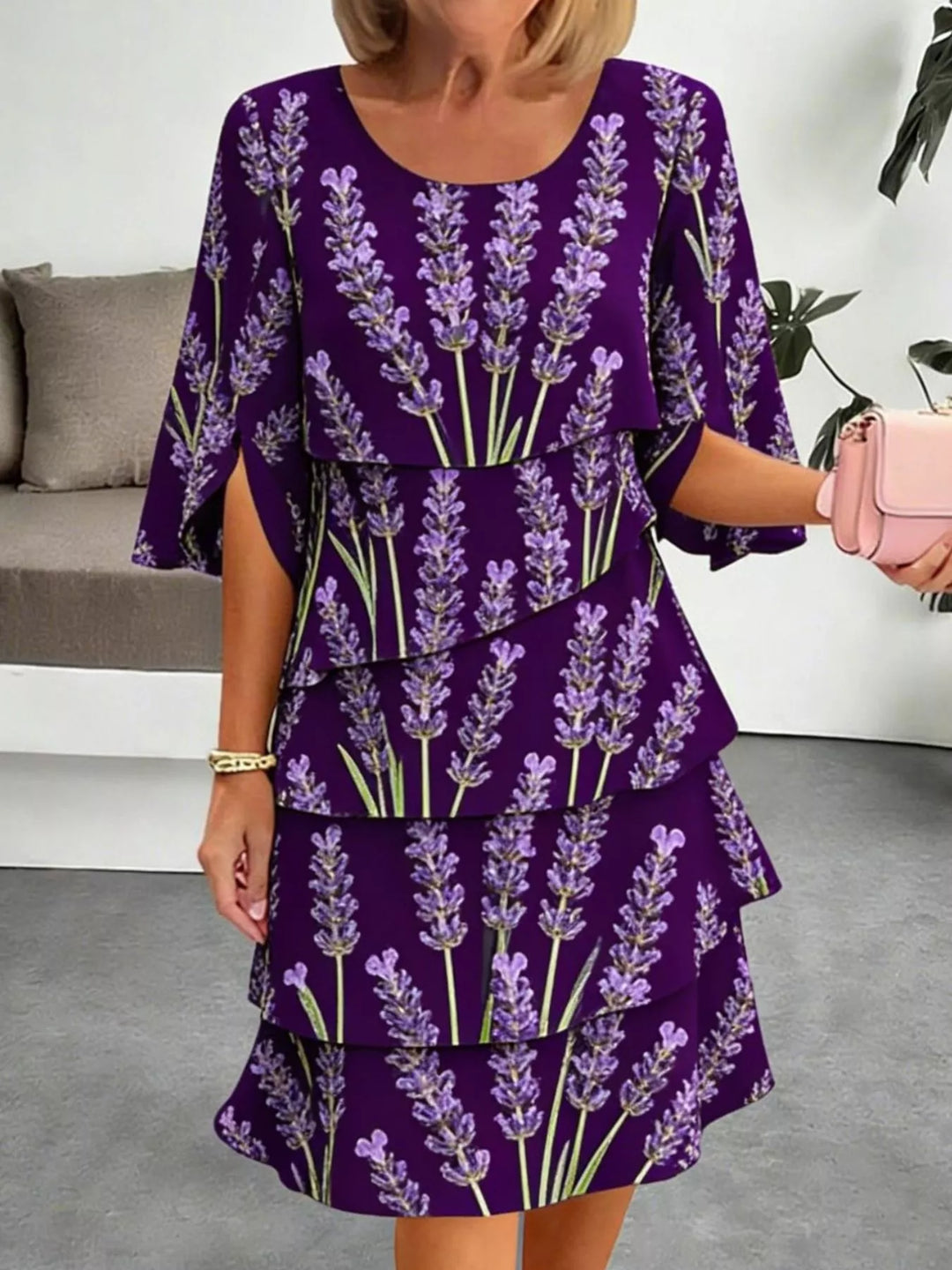 Purple Tiered floral print midi dress with flutter sleeves
