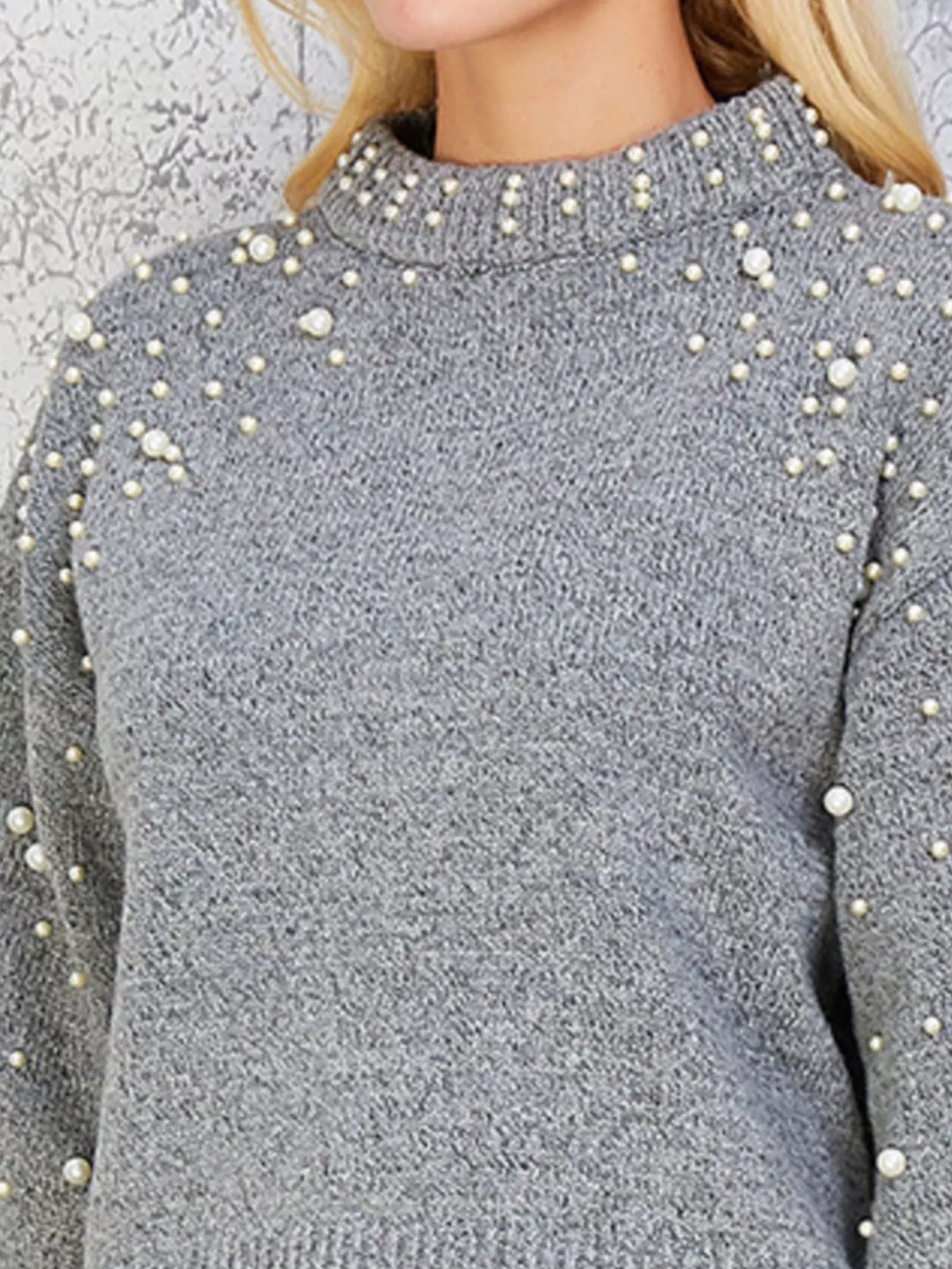 Pearl-embellished mock neck sweater with balloon sleeves