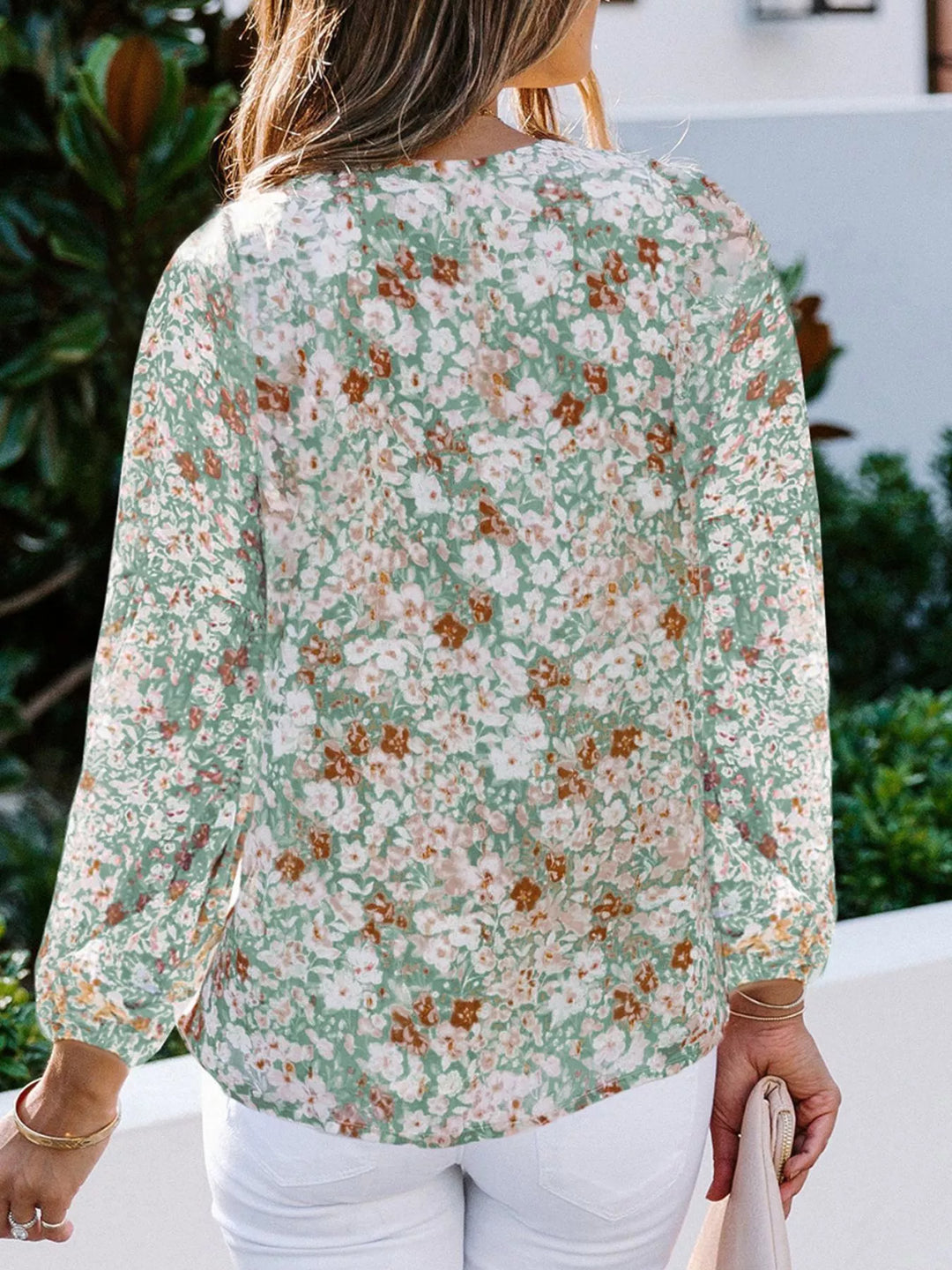 Floral print V-neck button-front blouse with long sleeves