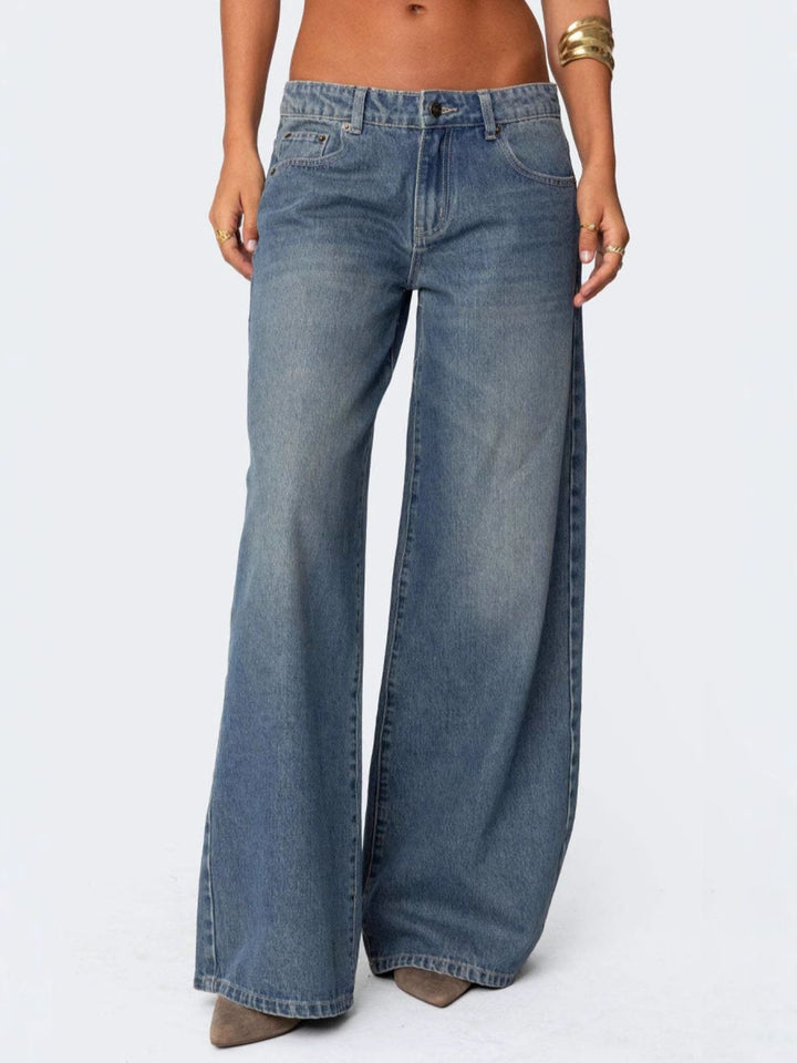 Dark Blue Vintage wash wide-leg jeans with whiskered fading