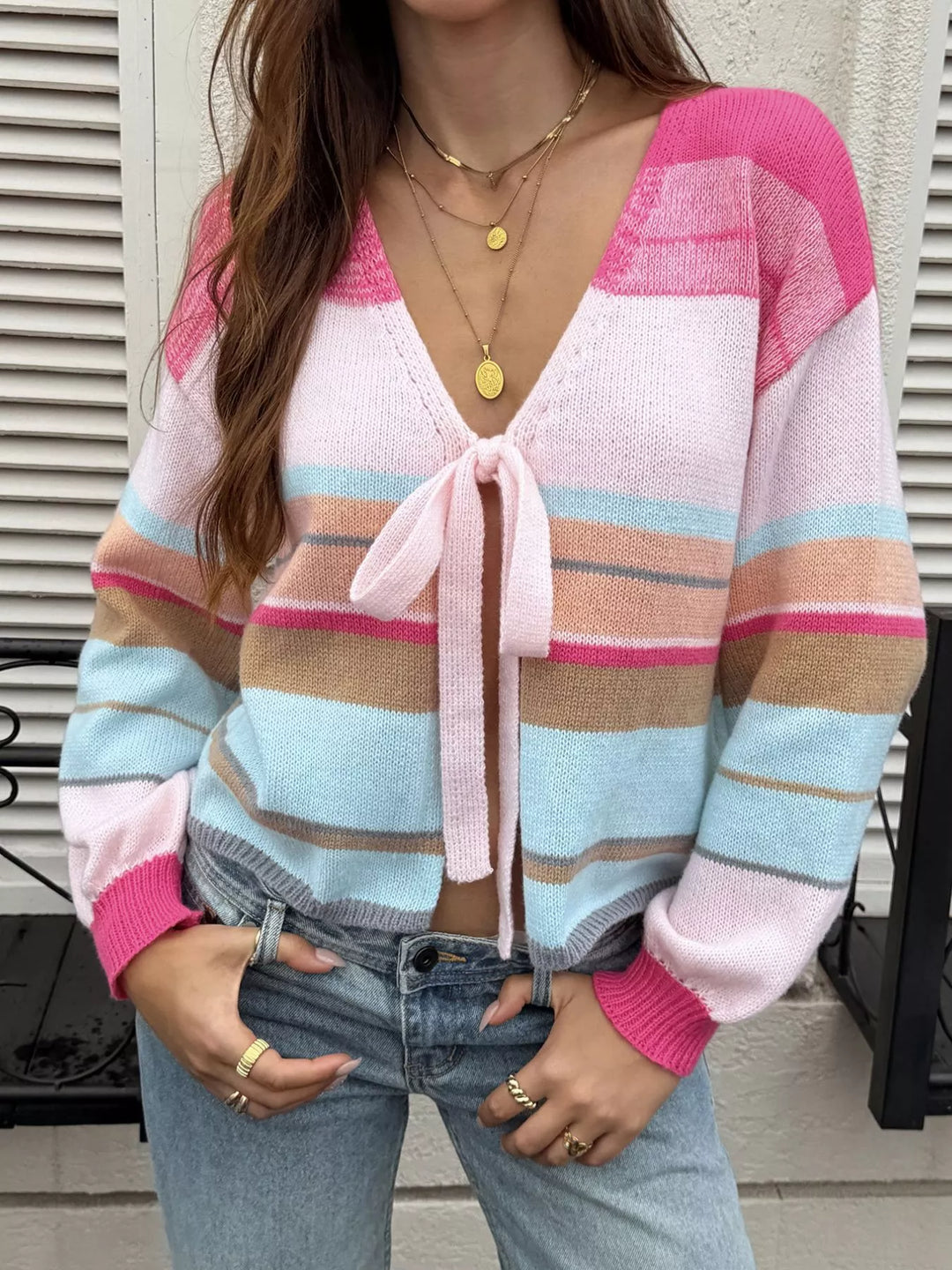 Striped tie-front knit cardigan with ribbed trim