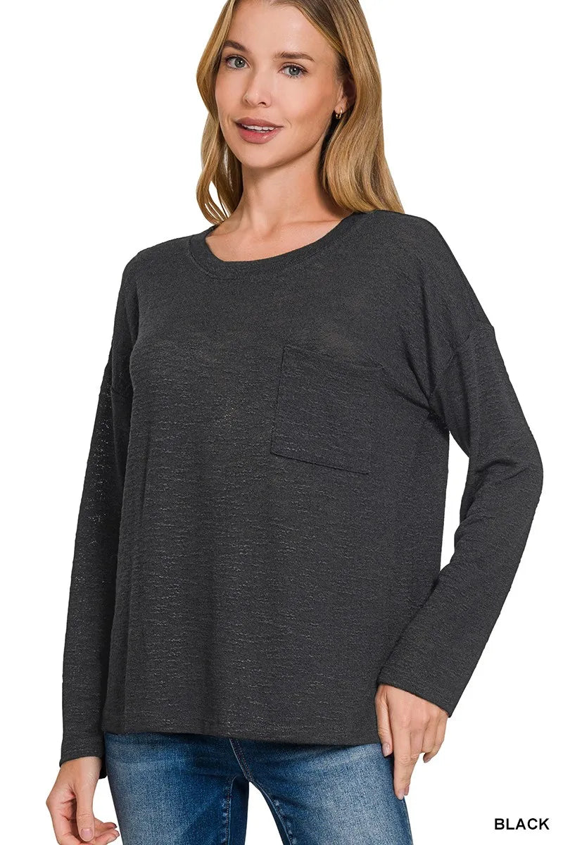 BLACK Relaxed slub knit long sleeve pocket tee