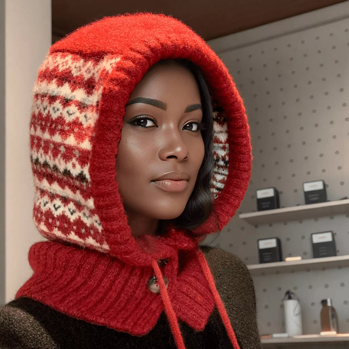 Red Fair isle knit balaclava hood with drawstring tie