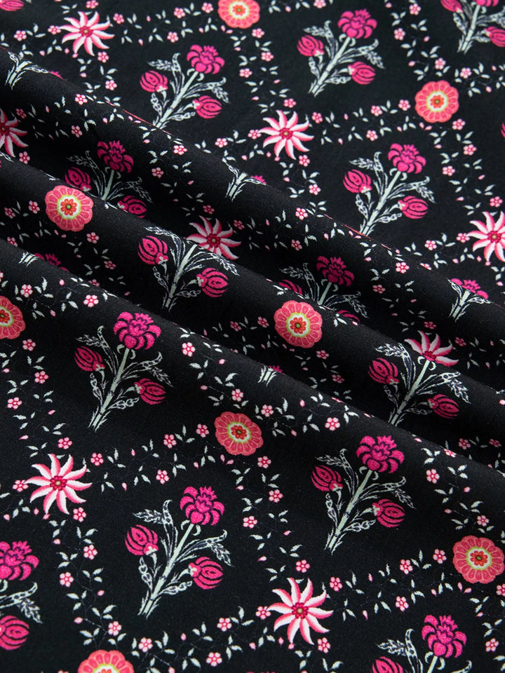 Vintage floral contrast V-neck blouse with bracelet sleeves