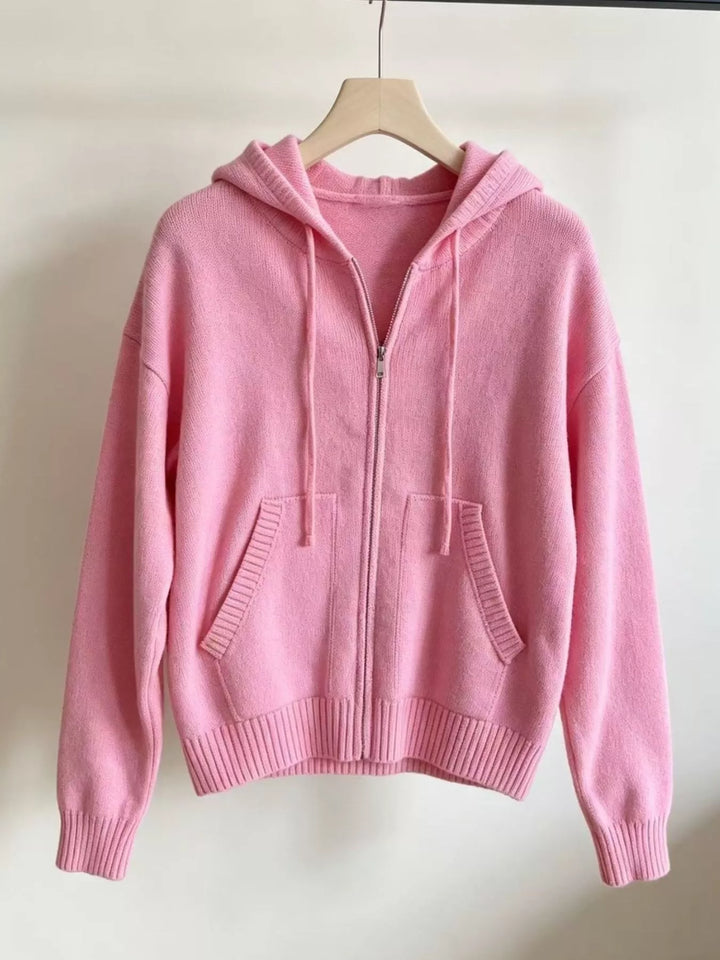 Zip-front hooded knit cardigan with drawstring and pockets