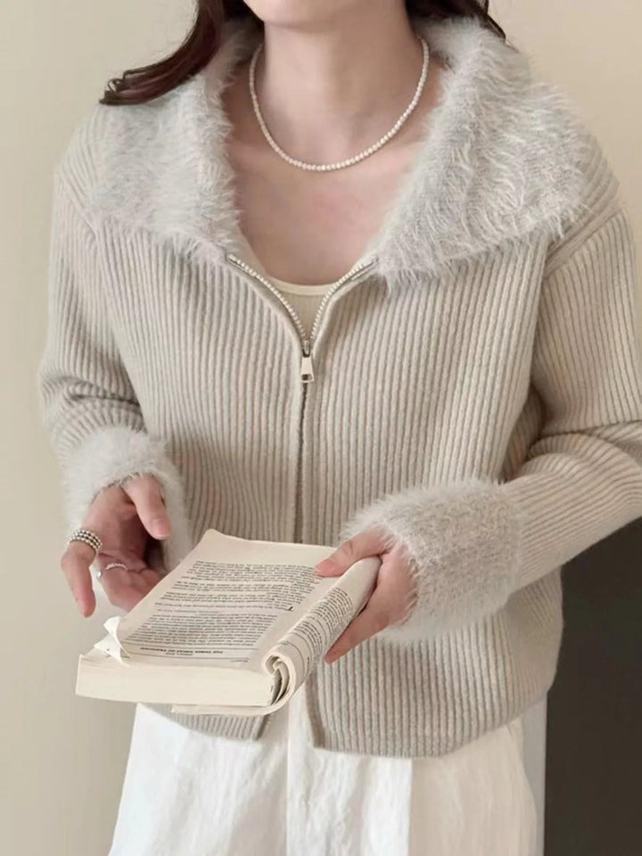 Beige Ribbed knit zip-up cardigan with fluffy faux fur trim