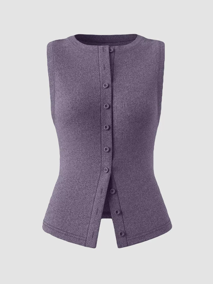 Ribbed mock-neck button-front sleeveless tank