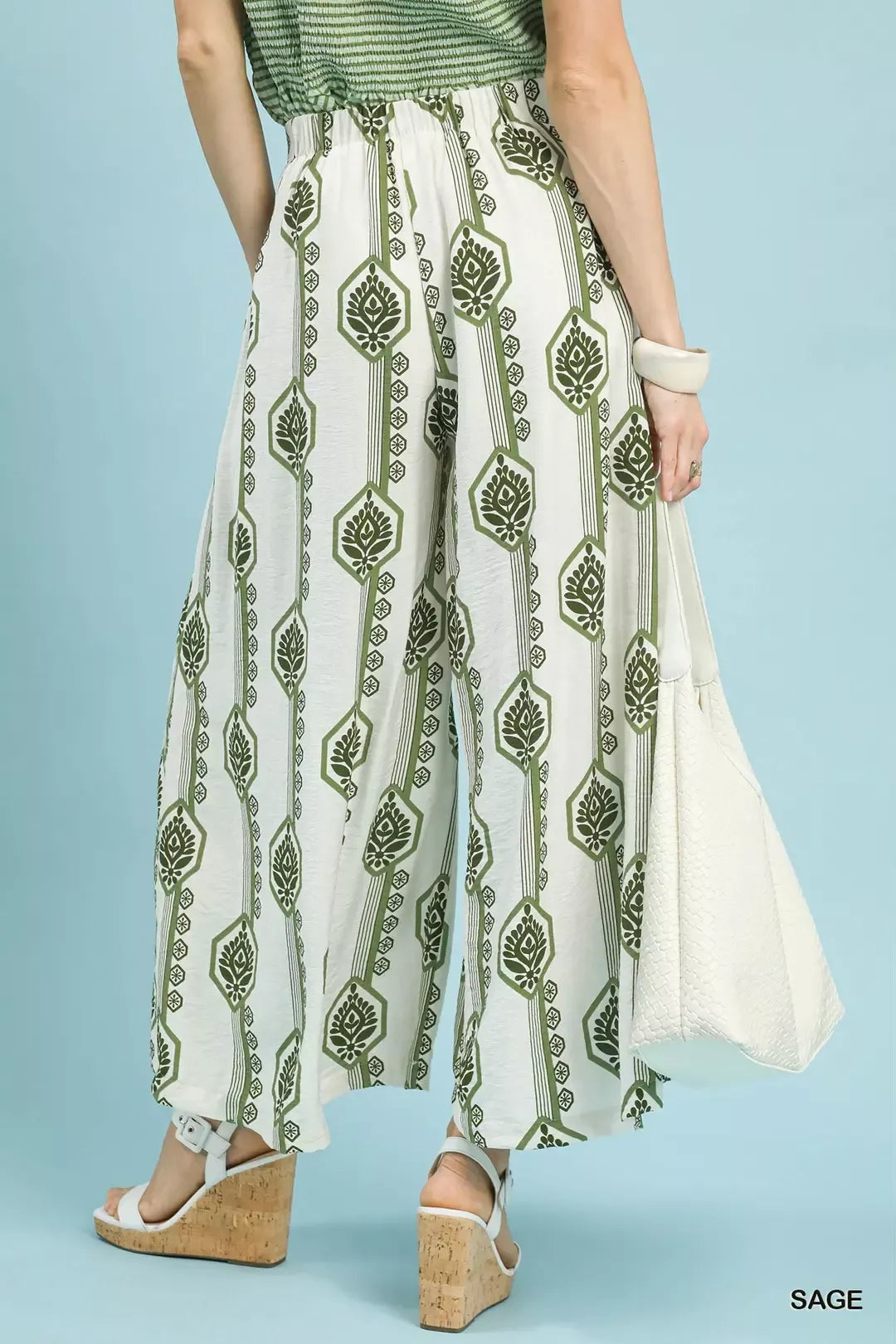 Geometric boho print wide leg pants with smocked waist
