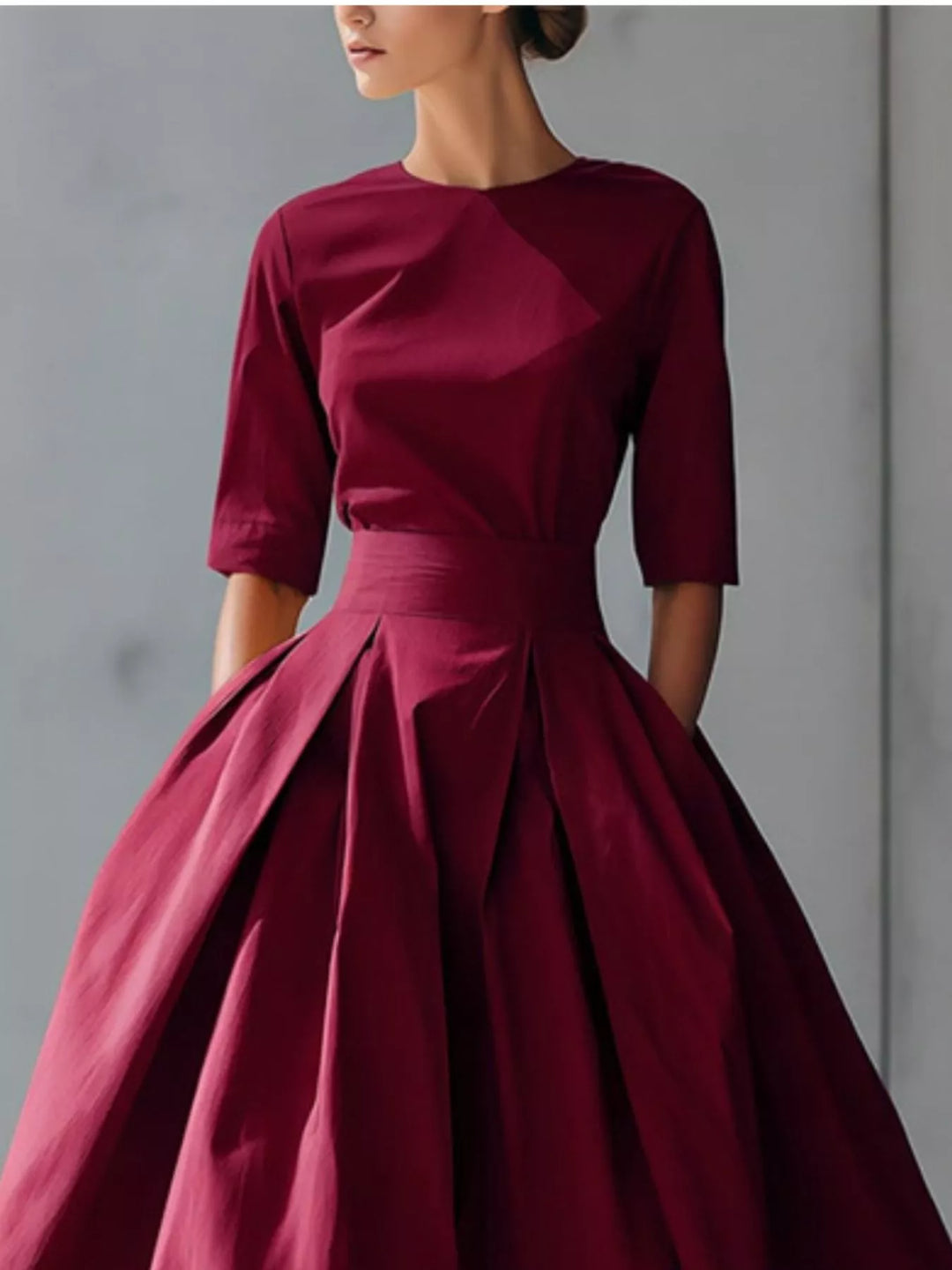 A-line pleated midi dress with side pockets