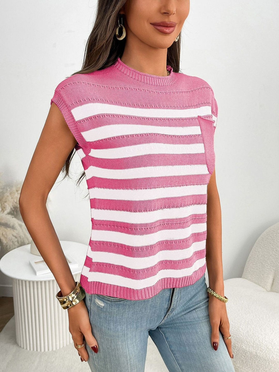 Striped knit cap sleeve top with patch pocket