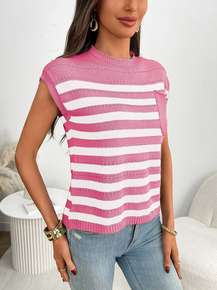 Striped knit cap sleeve top with patch pocket