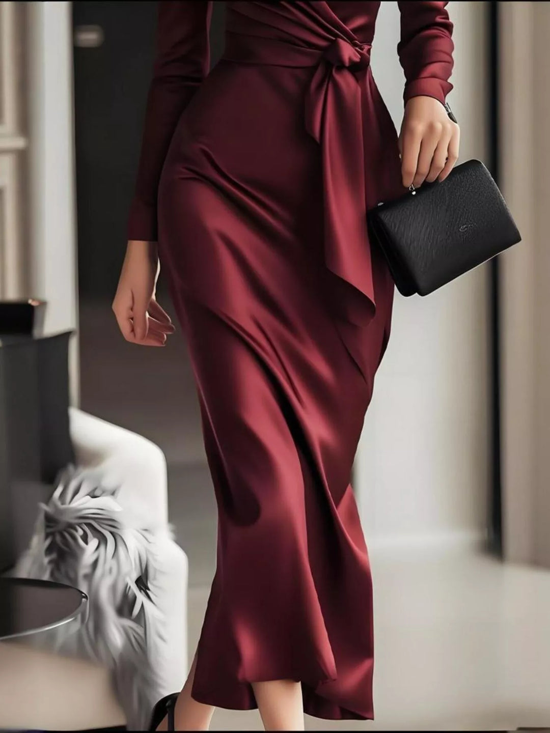 Red Surplice satin long sleeve maxi dress with tie waist