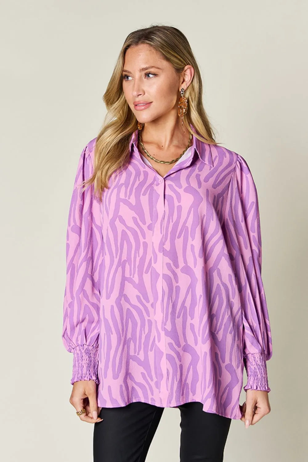 Zebra print smocked-cuff long sleeve blouse