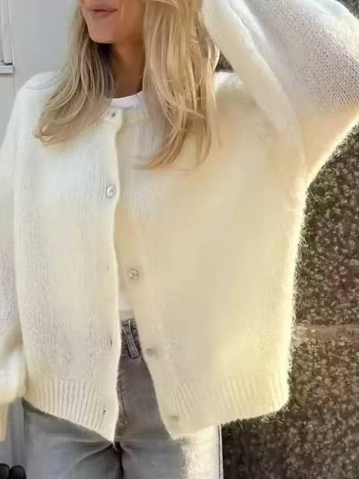 Off-white Button-front brushed knit cardigan with ribbed trim