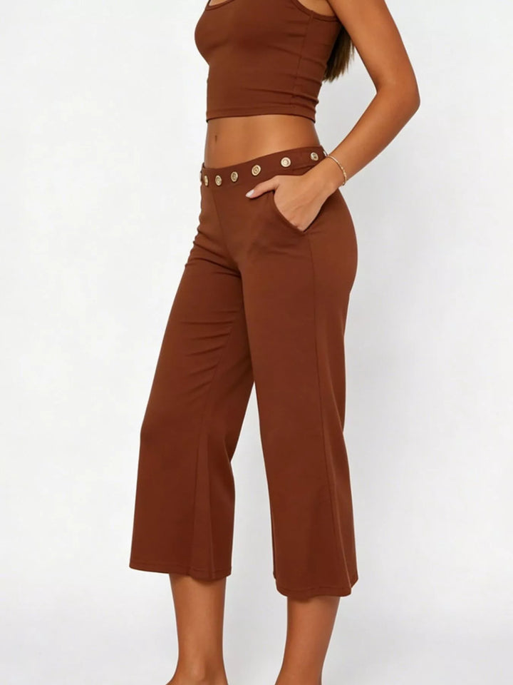 Mid-rise wide-leg capri pants with gold-button waistband