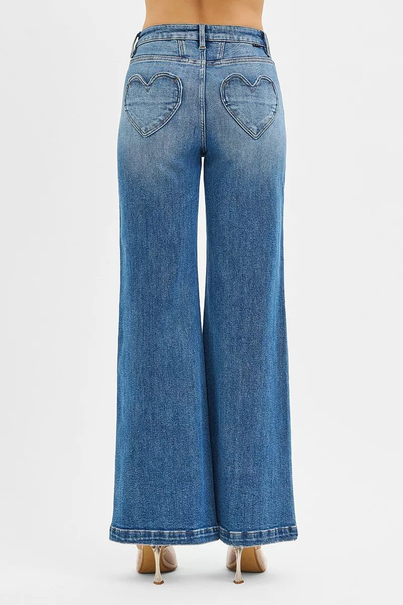 High-rise wide leg jeans with front yoke and heart back pocket