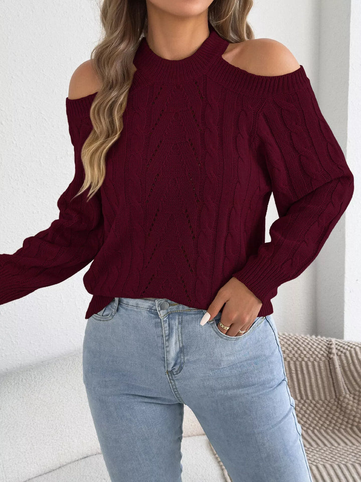 Cold shoulder cable knit mock neck sweater