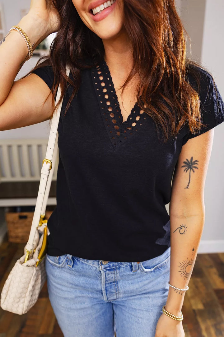Cutout embroidered V-neck cap sleeve tee