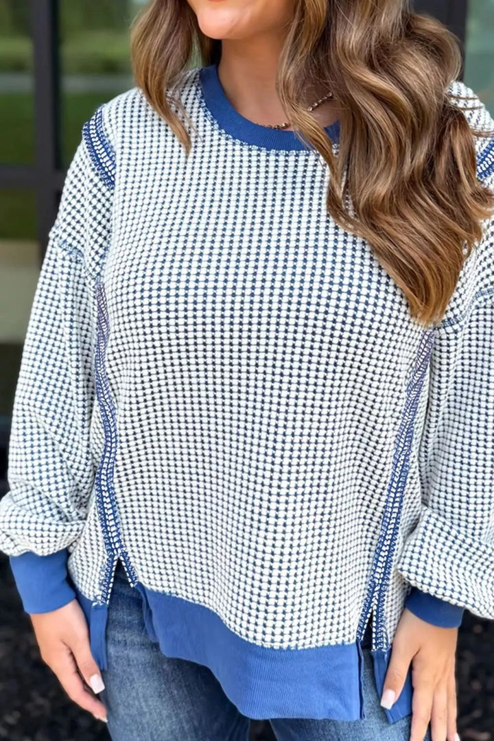 Contrast stitch textured knit sweatshirt with side slits