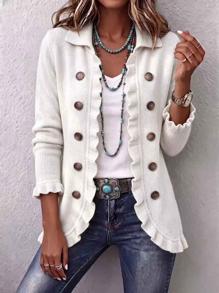 White Ruffle trim knit cardigan with collar and decorative buttons