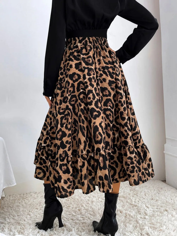Flared ruffle-tier midi skirt with elastic waist