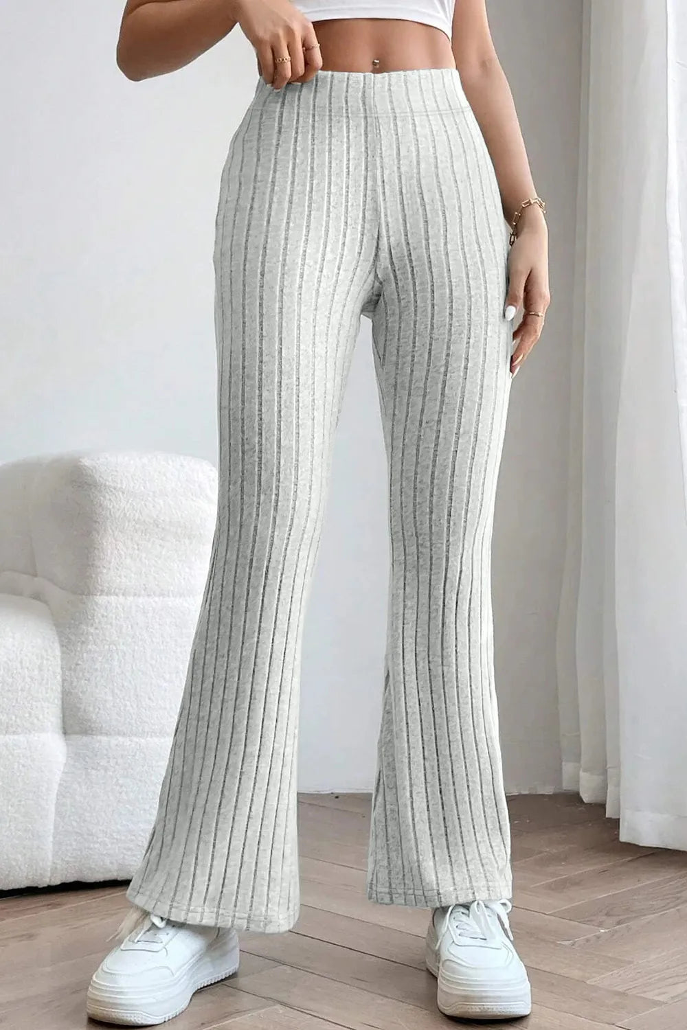 Ribbed knit high-waist flare pants with pull-on waist