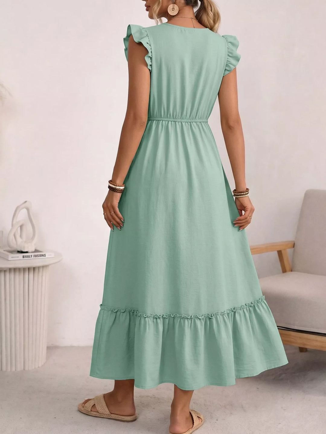 Embroidered tie-neck flutter sleeve maxi dress