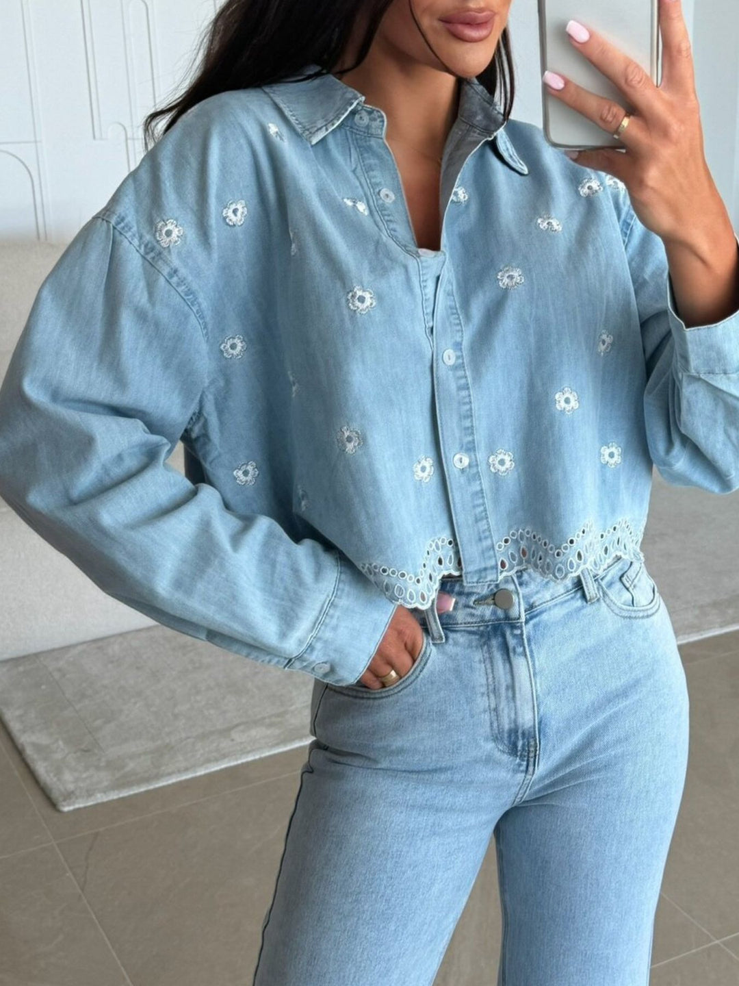 Floral embroidered cropped denim shirt with scalloped hem