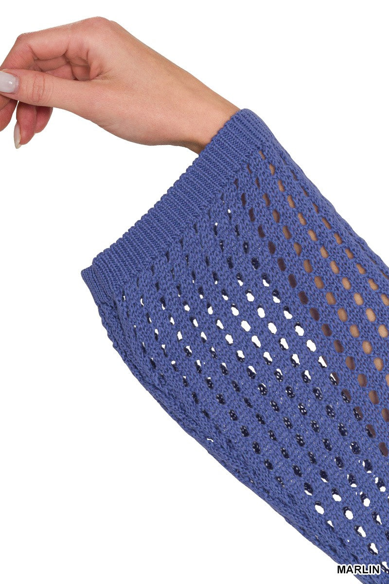 Open knit long sleeve pullover sweater with ribbed hem
