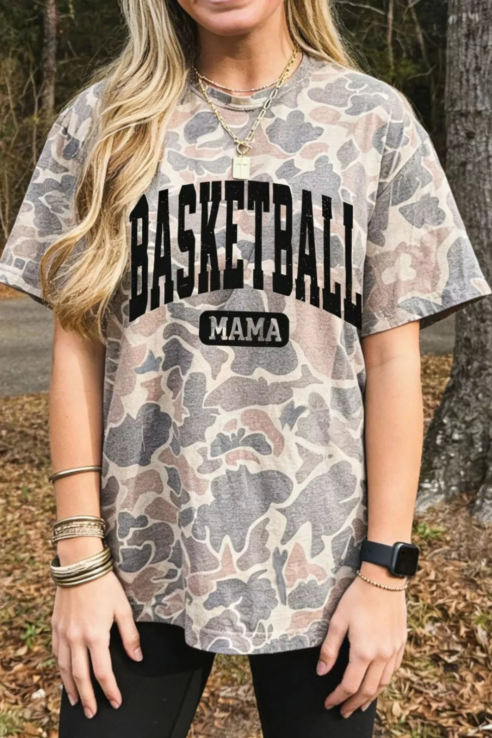 Mocha Basketball Mama camo print relaxed fit graphic tee