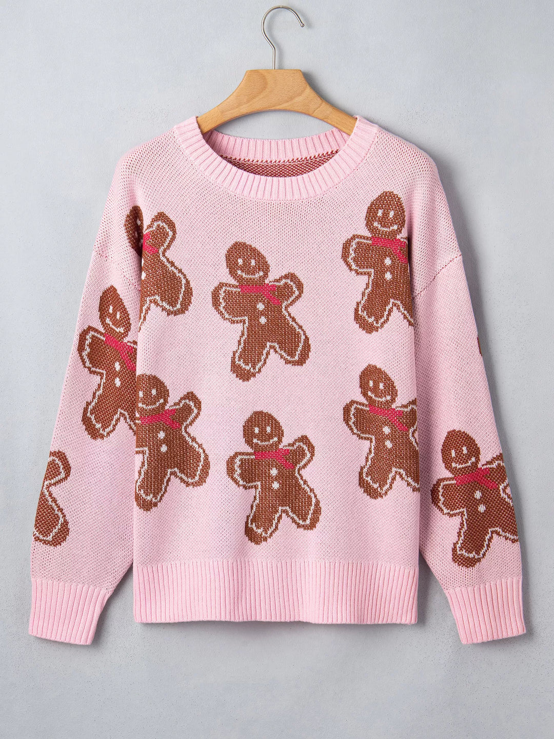 Gingerbread man knit pullover sweater with drop shoulders