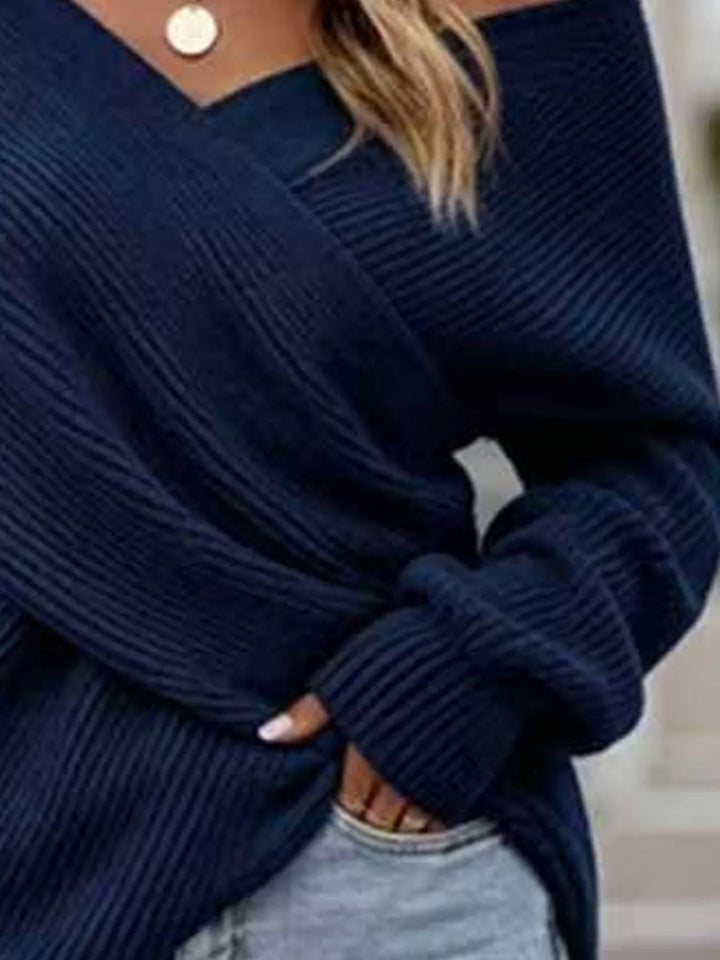 Crisscross wrap front ribbed knit sweater with dolman sleeves