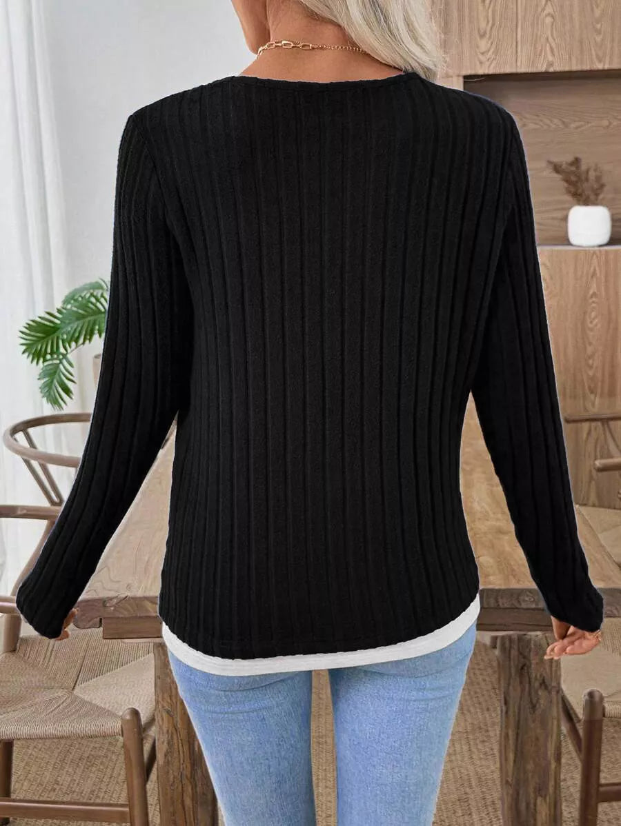 Ribbed knit long sleeve henley with contrast trim